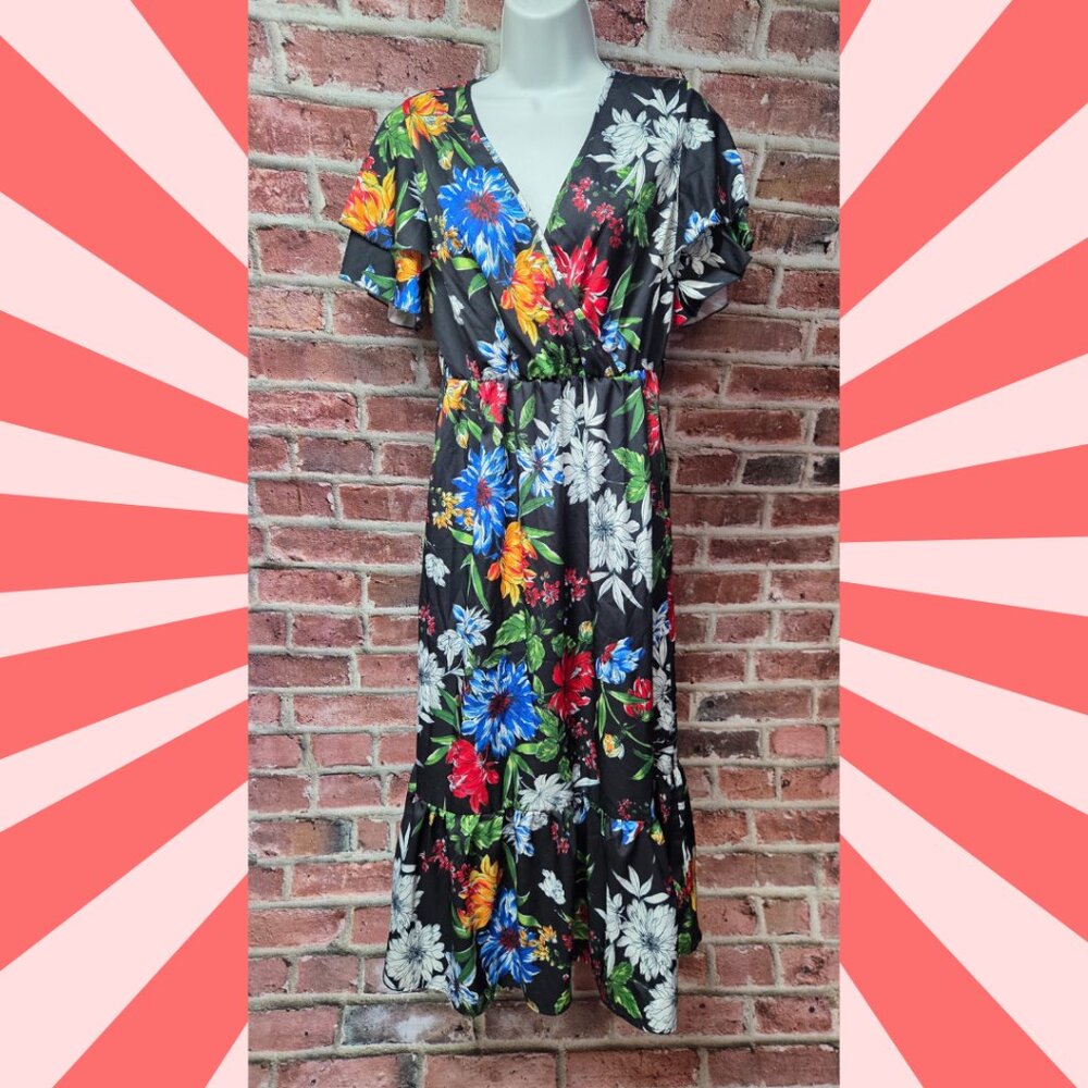 Women’s Black Floral Maxi Dress | Boho Wrap-Style Look |‎ Lightweight Summer